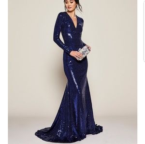 Navy blue sequined floor length dress